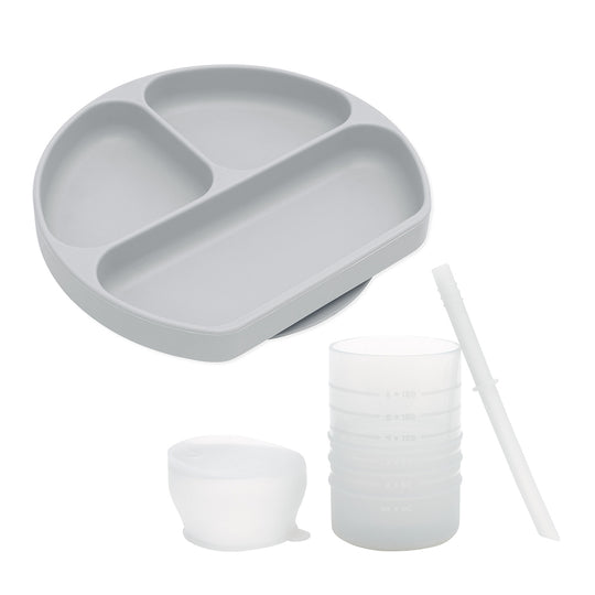 Grip Dish Everyday 4-Piece Mealtime Set: Gray banner